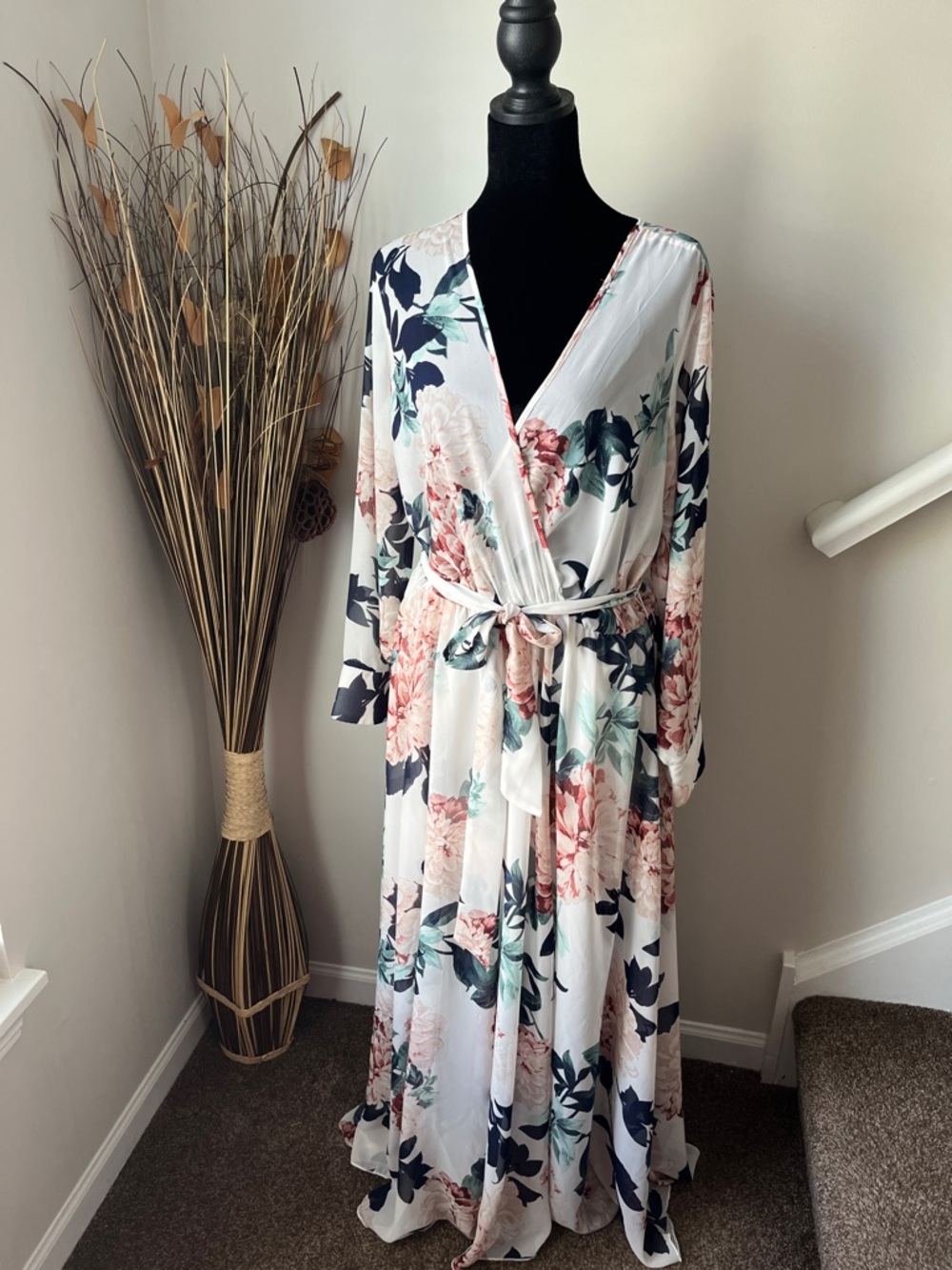 Floral Wrap Maxi Dress in White with Pink Blooms